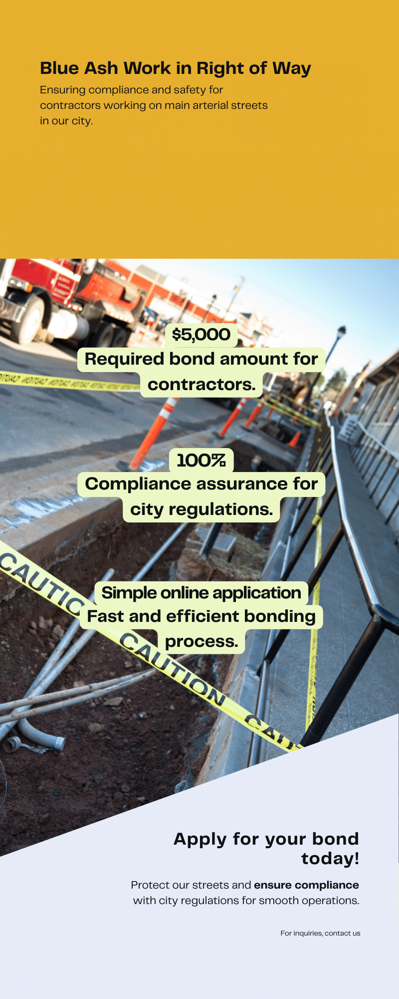 Blue Ash right of way bond infographic showing $5,000 requirement and online application process for contractors.
