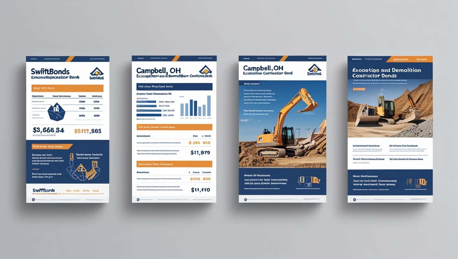 Bond cost breakdown and contractor equipment visuals for Campbell, OH excavation and demolition projects.