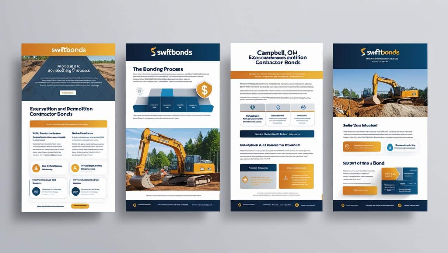 Four-page visual guide explaining the excavation and demolition contractor bonding process in Campbell, OH.