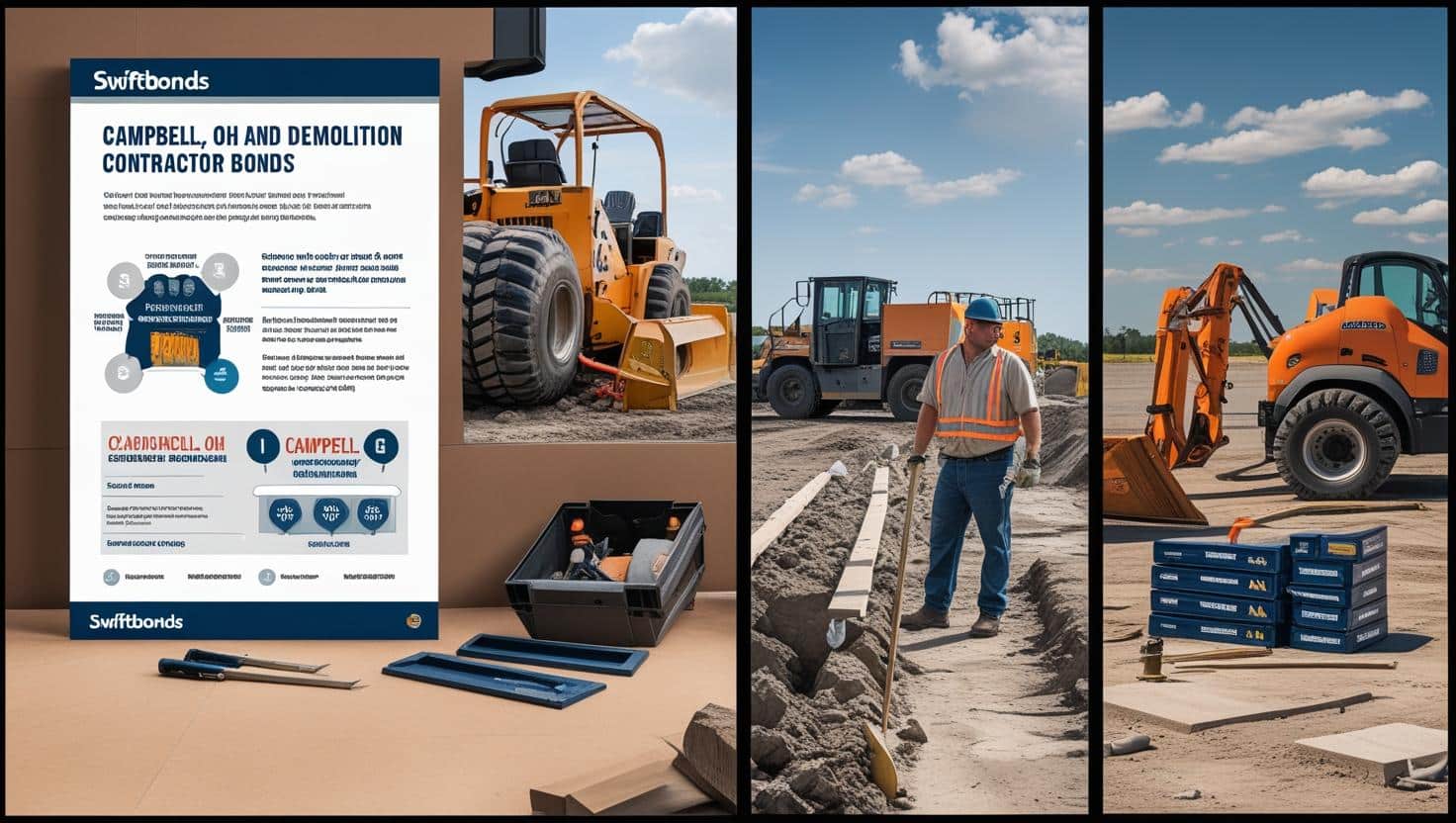 Poster and construction site images depicting heavy machinery, tools, and workers for Campbell, OH contractor bonds.