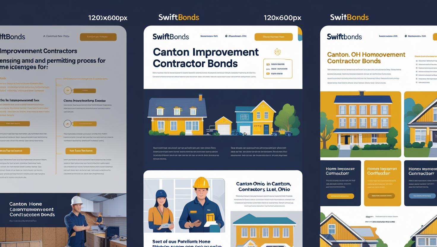 A set of three webpage mockups showcasing SwiftBonds Canton Improvement Contractor Bonds with illustrated houses and contractors.