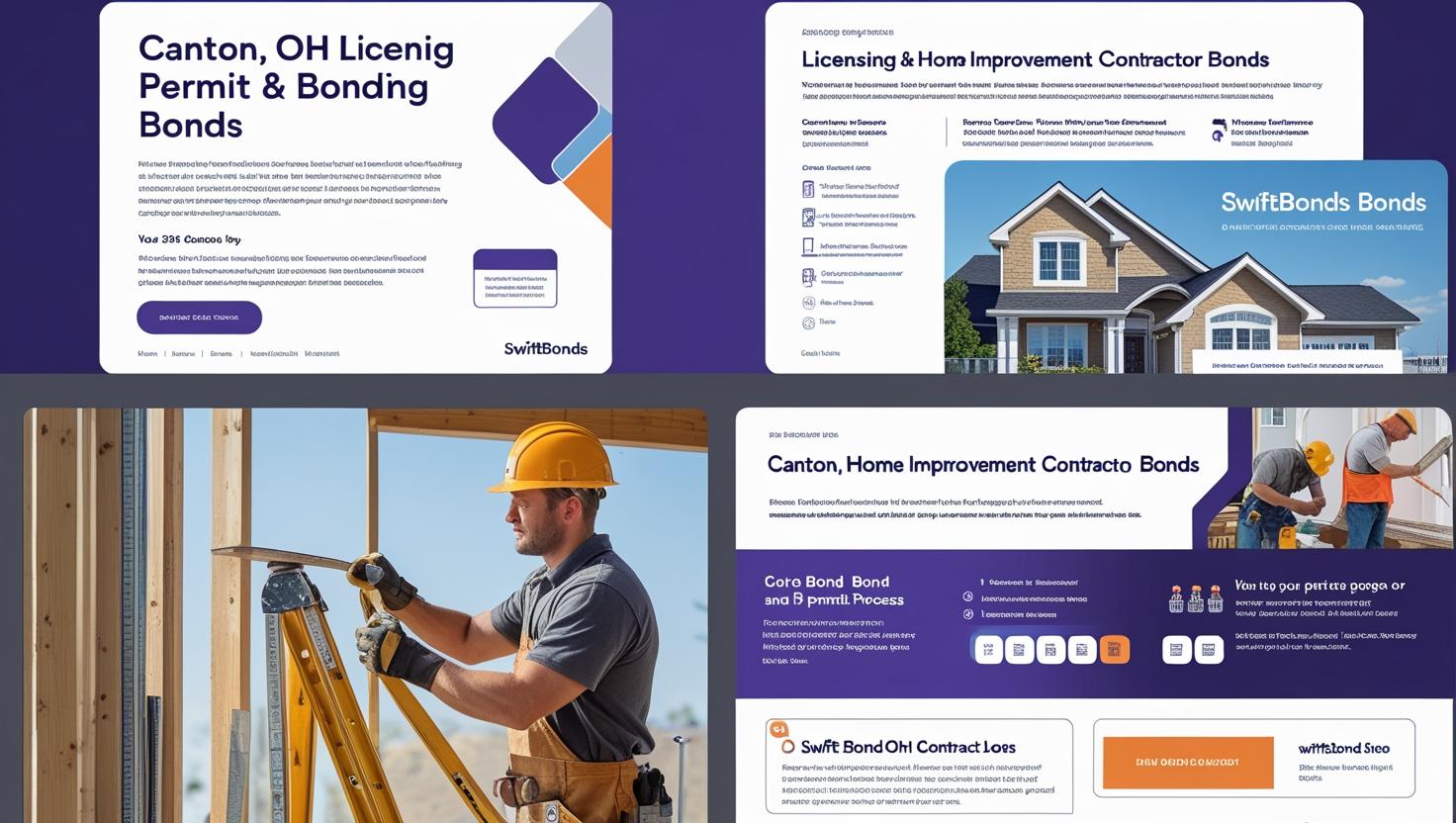 A collage of four webpage designs for Canton, OH licensing, permit, and home improvement contractor bonds featuring contractors and houses.