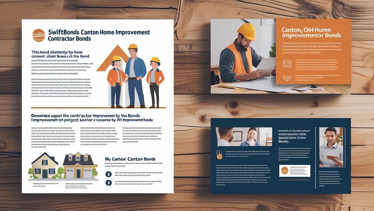 Printed and digital marketing materials for SwiftBonds Canton Home Improvement Contractor Bonds displayed on a wooden surface.