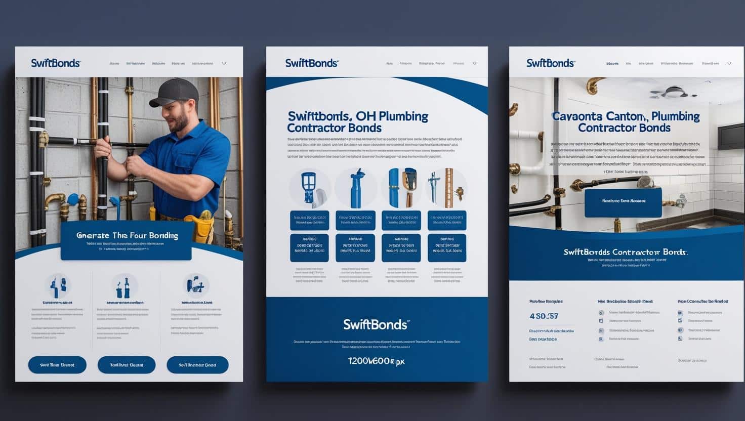 Website design concepts for SwiftBonds Canton, OH plumbing contractor bonds highlighting services, licensing, and bond types.