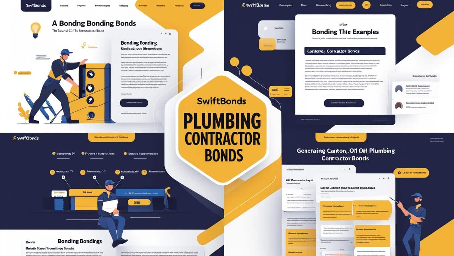 Infographic and website mockups promoting SwiftBonds plumbing contractor bonds with illustrated workers and bond details.