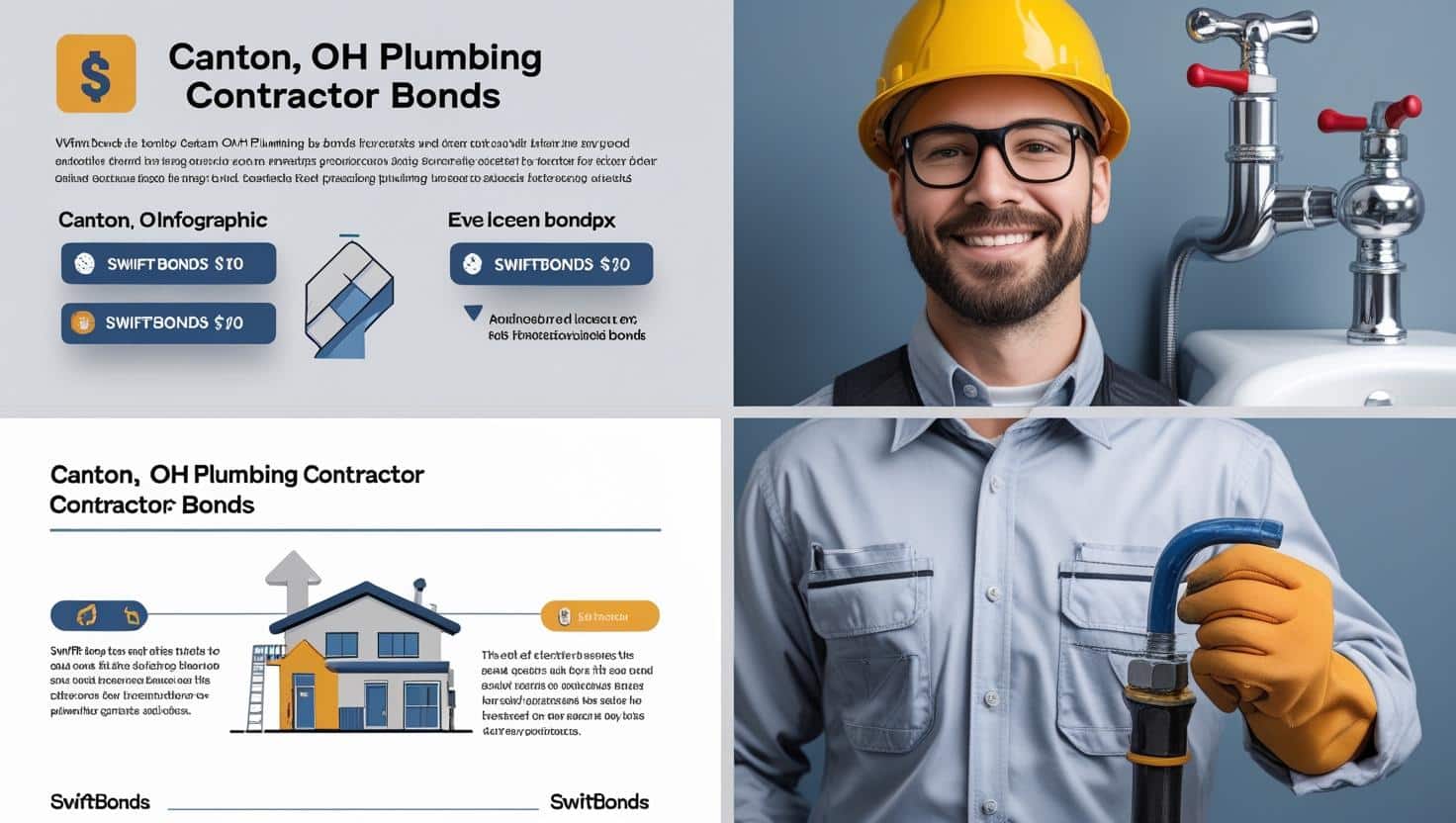 Visual layout showcasing Canton, OH plumbing contractor bonds with infographics, contractor images, and licensing details.