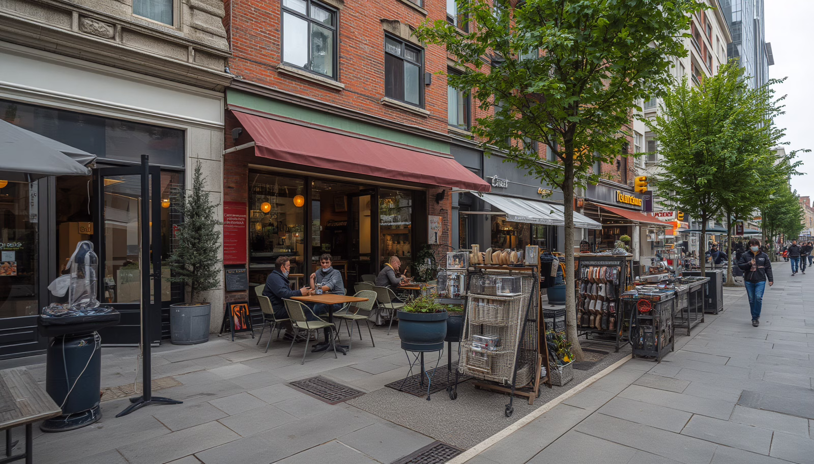 Lincoln, Nebraska sidewalk café and retail displays operating legally with a City of Lincoln Bond of Occupier of Public Space for public right-of-way use.