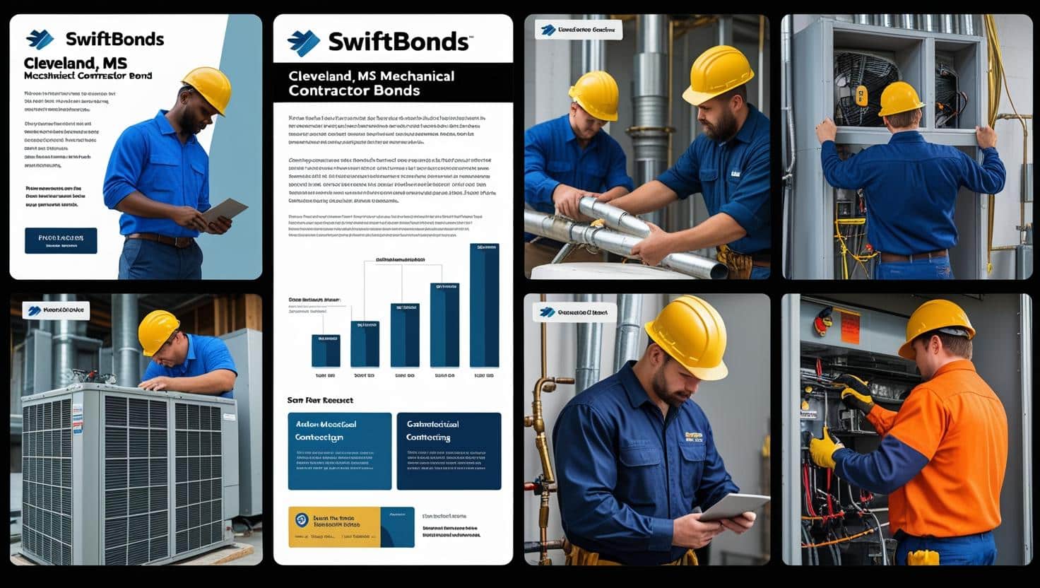 Collage of contractors performing HVAC and mechanical work for Cleveland, MS Mechanical Contractor Bond promotional materials.