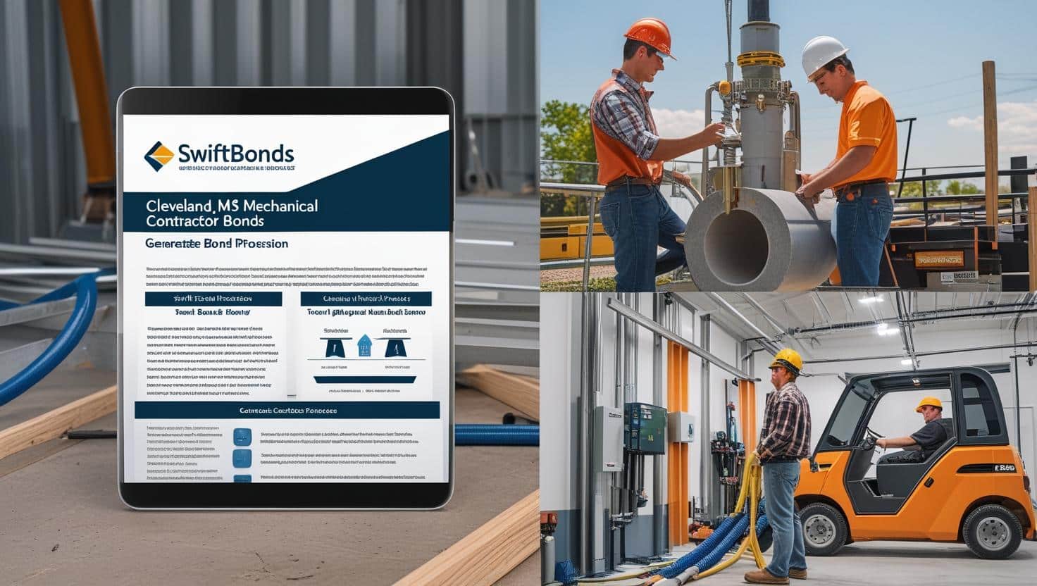 Tablet and on-site contractor images showcasing Cleveland, MS Mechanical Contractor Bond processes and work environments.