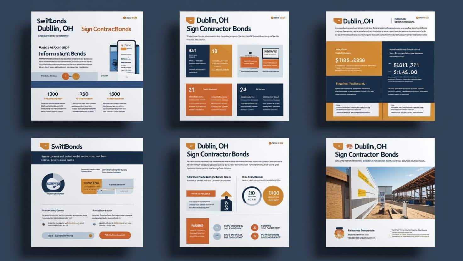 Grid layout infographic outlining Dublin, OH sign contractor bond requirements and costs.