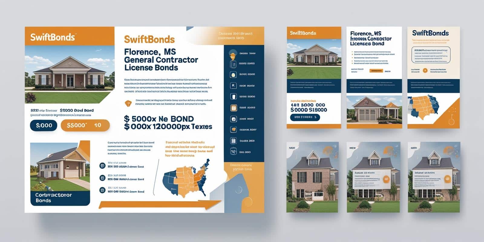 SwiftBonds promotional layouts highlighting Florence, MS general contractor license bonds with housing images and bond details.
