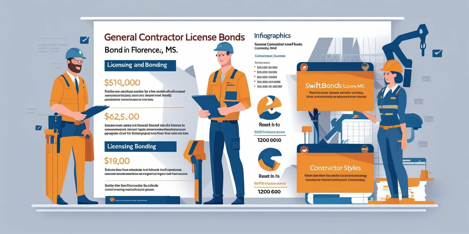 Construction-themed illustration explaining Florence, MS general contractor license bonds with contractors and bonding figures.
