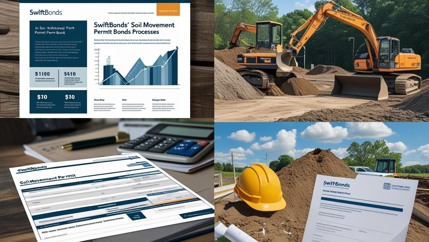 Charts, forms, and construction site images showing processes for soil movement permit bonds.
