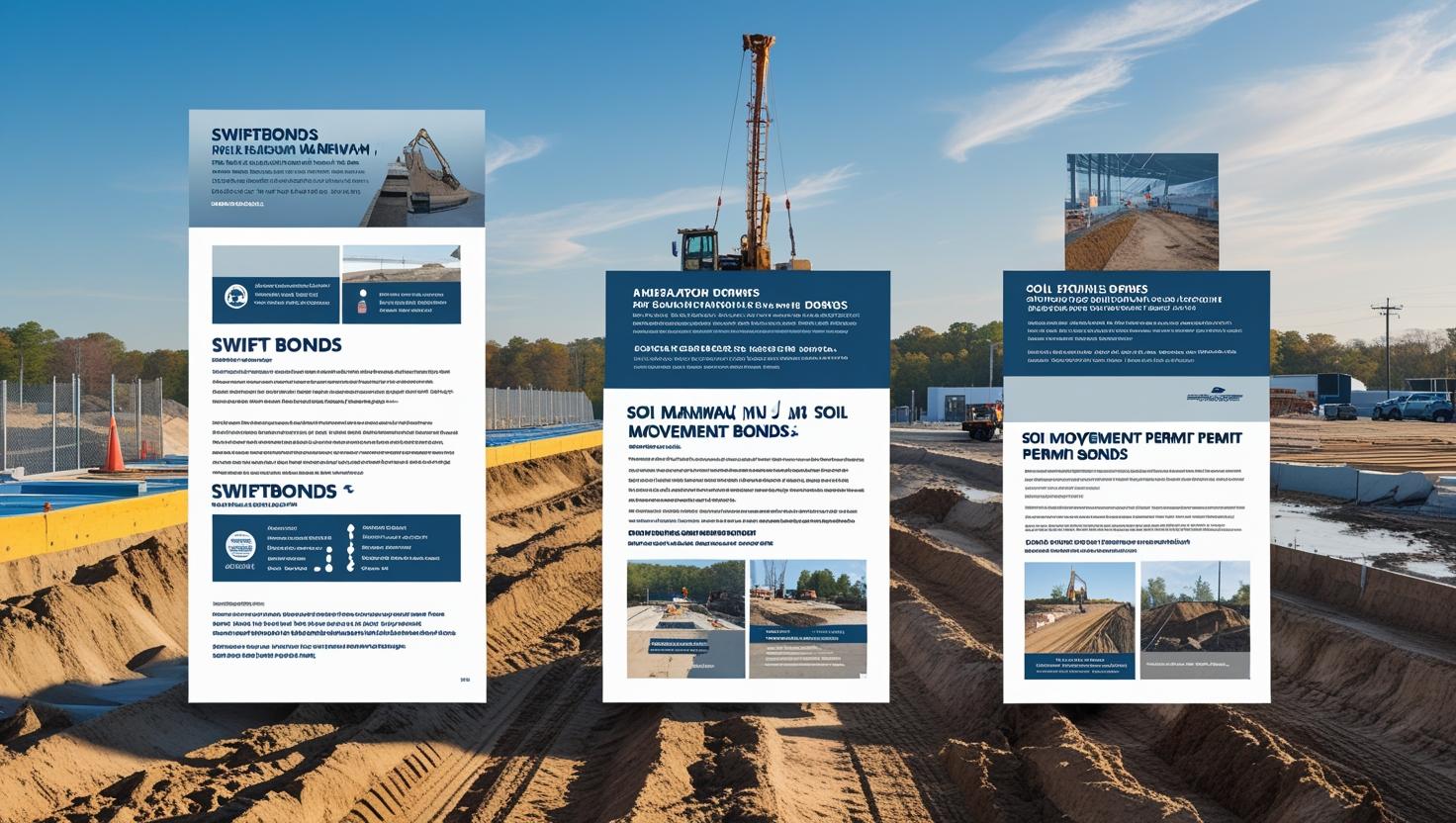 Construction site with soil excavation equipment alongside informational posters about soil permit bonds.