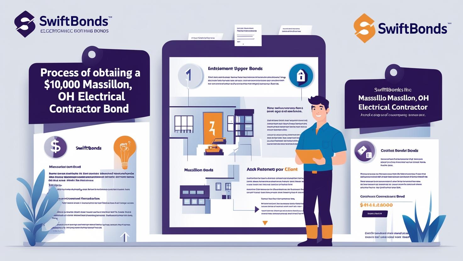 An infographic for Swiftbonds showing the process of obtaining a $10,000 Massillon, OH Electrical Contractor Bond.