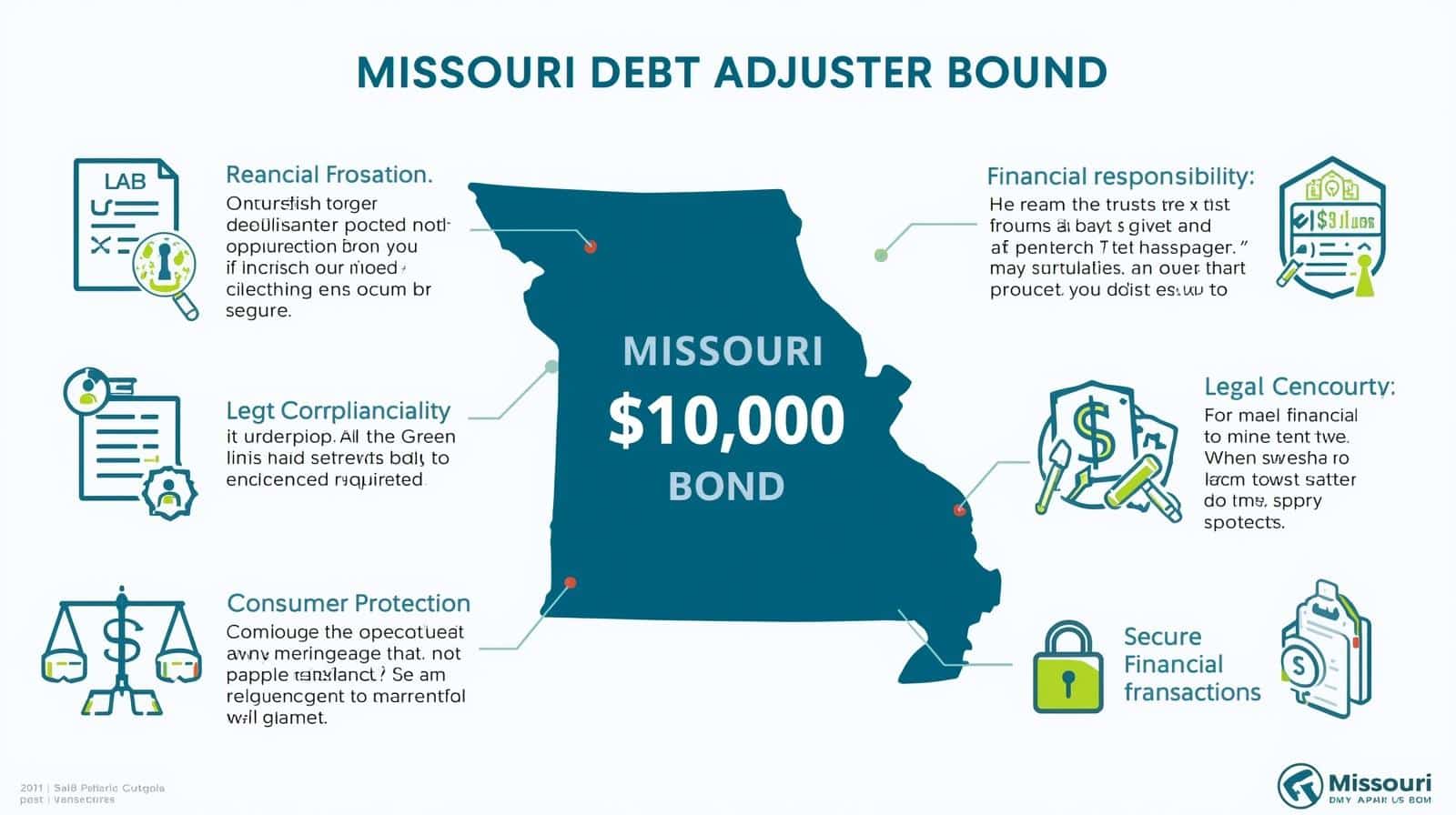 Clean infographic displaying Missouri debt adjuster bond information with a central state map showing $10,000 bond amount surrounded by explanatory icons and text.