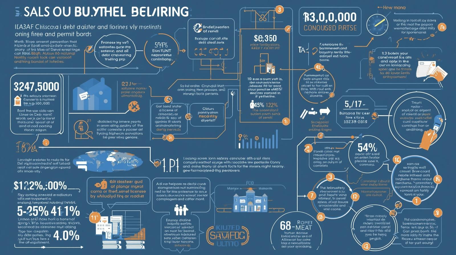 Complex blue infographic about surety bonds and debt collection with numerous statistical bubbles, charts, percentages, and process flows scattered across the layout.