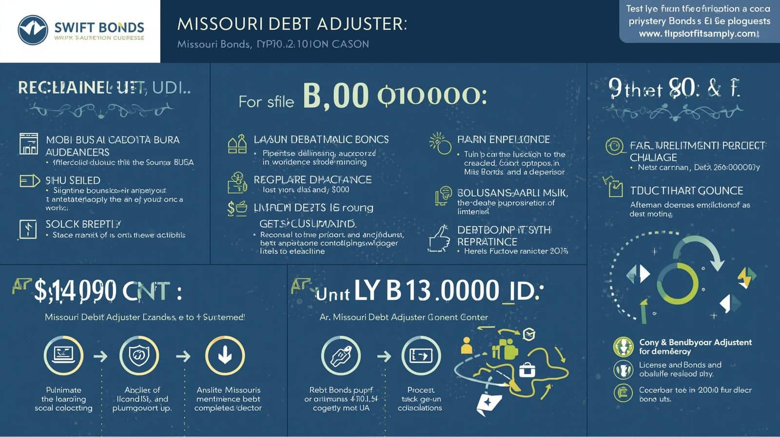 Blue-toned infographic explaining Missouri debt adjuster bonds for various amounts, featuring process steps, requirements, and Swift Bonds branding.