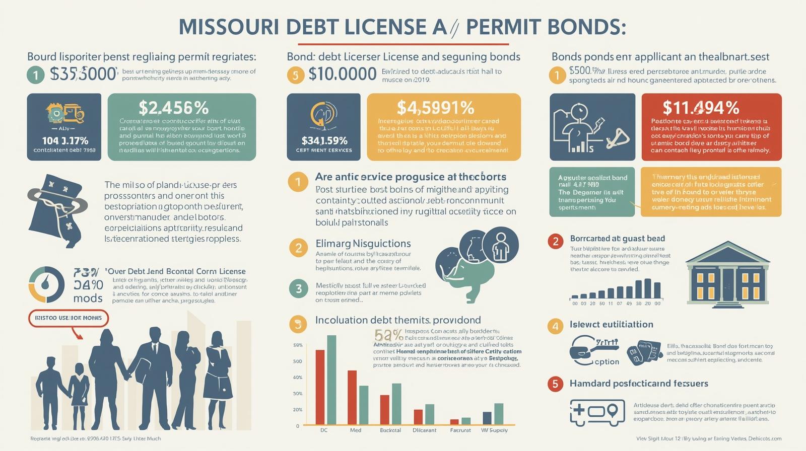 Comprehensive infographic about Missouri debt license and permit bonds showing bond amounts, percentages, charts, and silhouettes of people with various financial statistics.