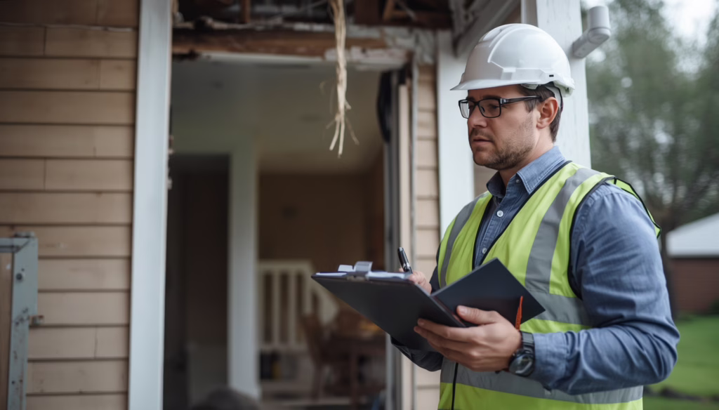 Licensed public adjuster performing a residential property damage evaluation under Montana Public Adjuster Bond requirements for insurance claims.