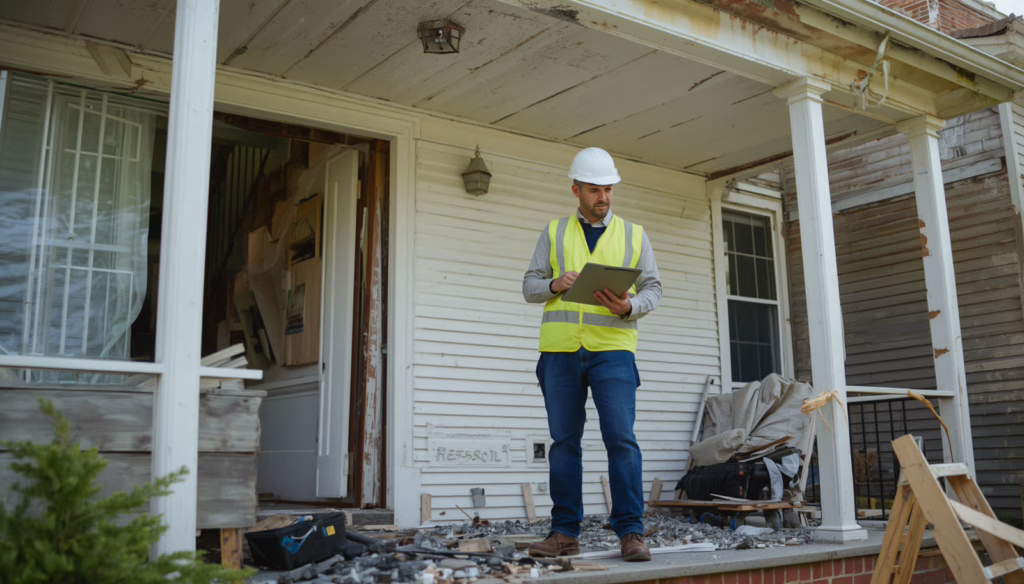Insurance public adjuster inspecting a damaged home exterior while documenting findings for a Montana Public Adjuster Bond claim process.