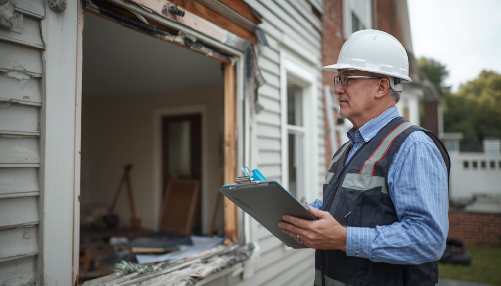 Professional public adjuster conducting a Montana Public Adjuster Bond property damage assessment at a residential home for insurance claim documentation.
