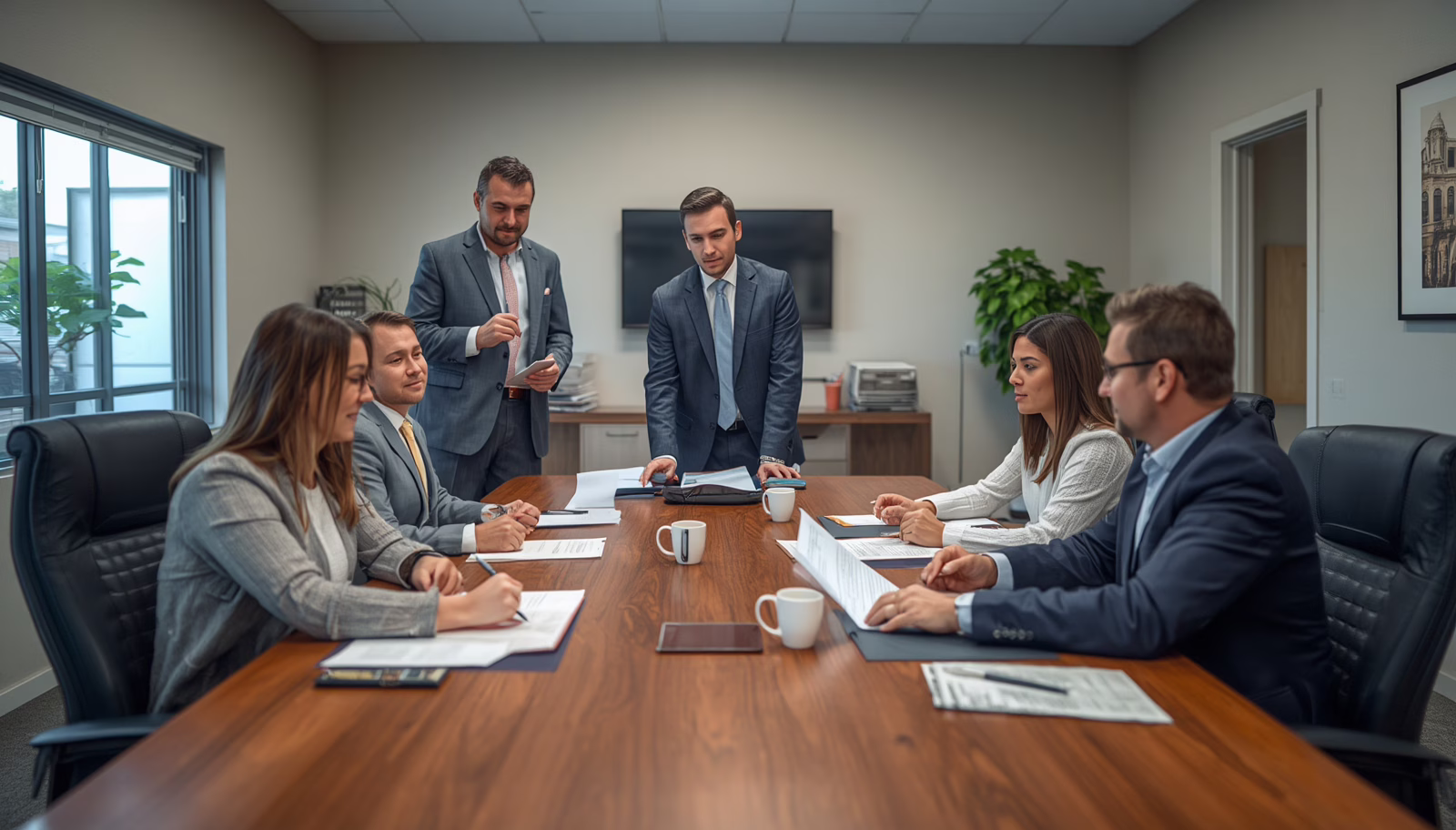 Team of title insurance escrow agents collaborating on Nebraska $100,000 Title Insurance Escrow Agent Bond compliance and licensing paperwork.