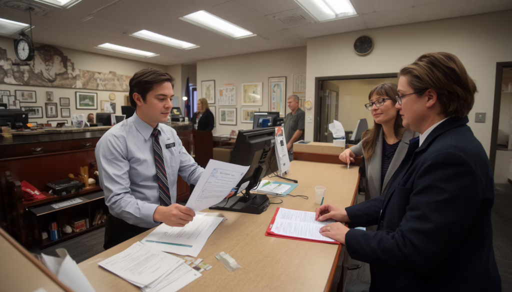 Vehicle owner presenting Nebraska Certificate of Title Bond documents at a government service counter to obtain a bonded title and vehicle registration.