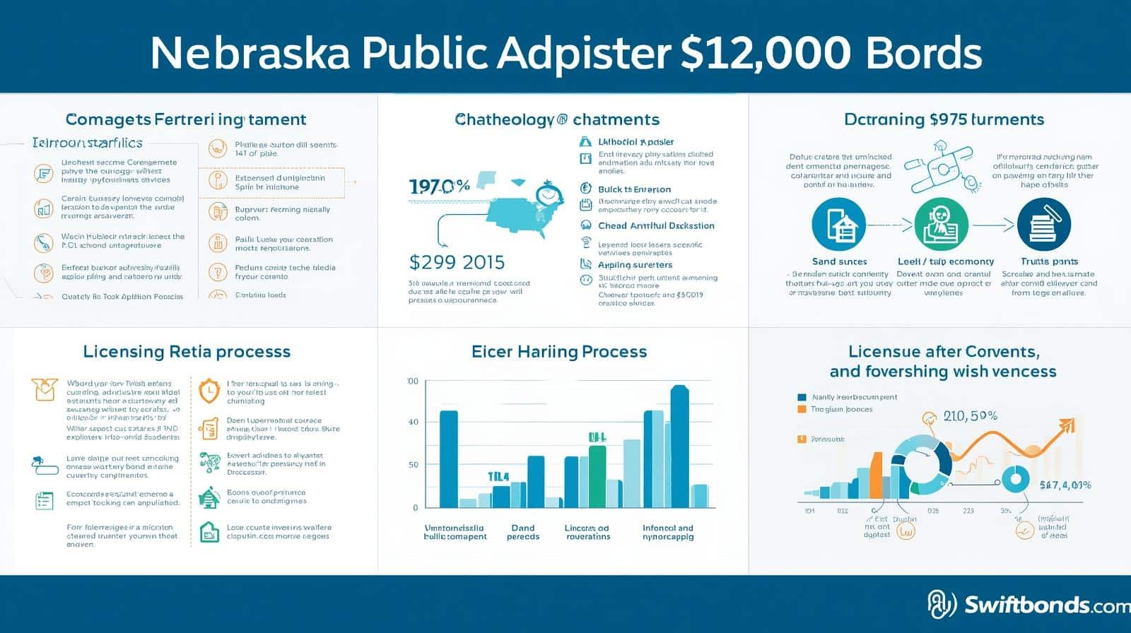 Infographic outlining Nebraska public adjuster ,000 bond requirements, licensing process, and claim handling protections.