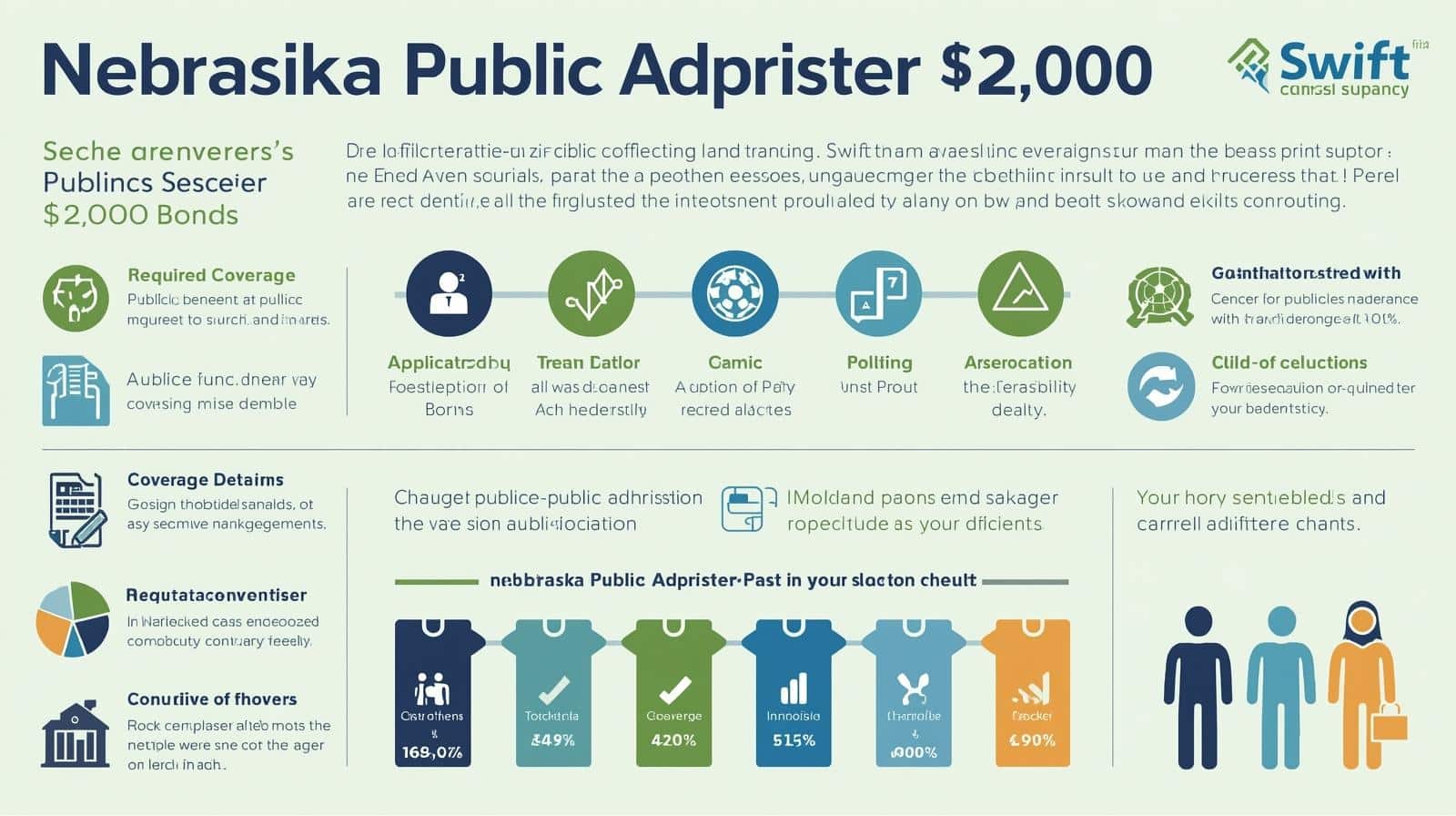 Visual breakdown of Nebraska $2,000 public adjuster bond coverage, application process, and consumer protection benefits.