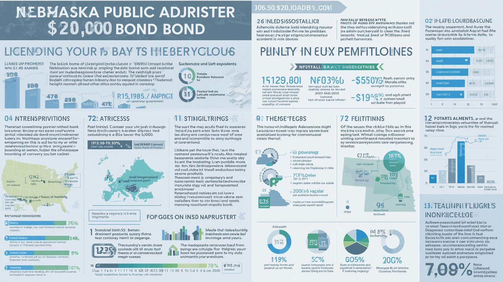 Detailed infographic explaining Nebraska’s ,000 public adjuster bond, licensing process, compliance rules, and penalties.