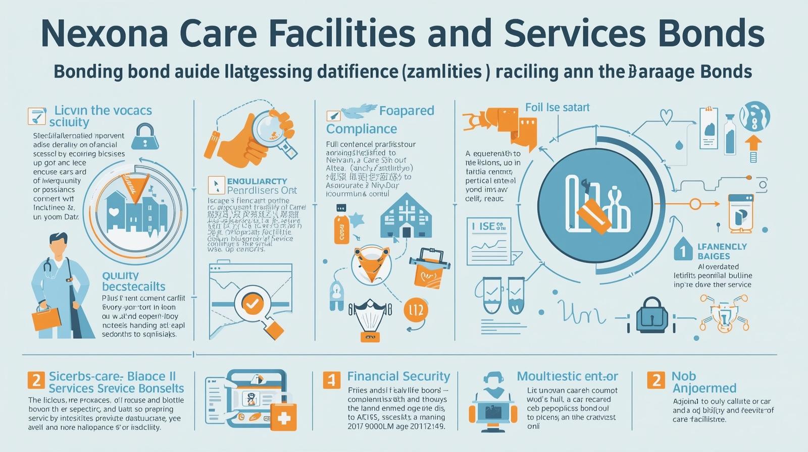 Illustrated guide on Nevada Care Facilities and Services Bonds focusing on compliance, financial security, and licensing standards.