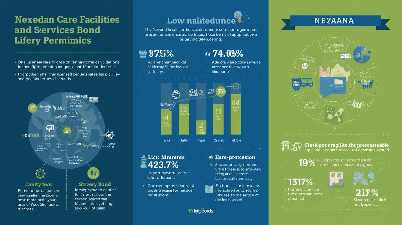 Nevada Care Facilities and Services Bond infographic highlighting licensing, penalties, and compliance metrics with charts and icons.