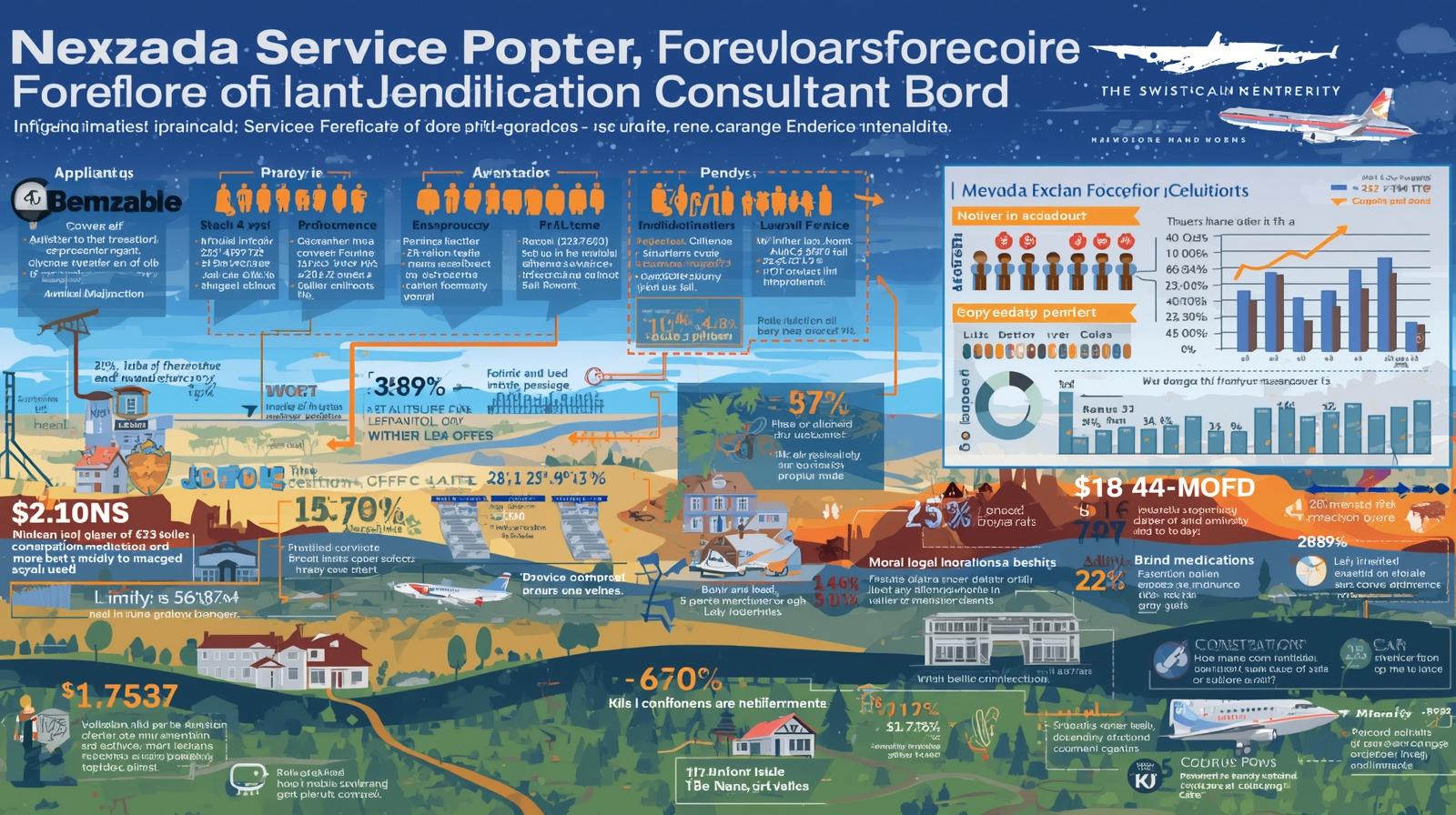 Infographic showing Nevada Covered Service Provider, Foreclosure or Loan Modification Consultant Bond requirements with statistics, charts, and compliance details.