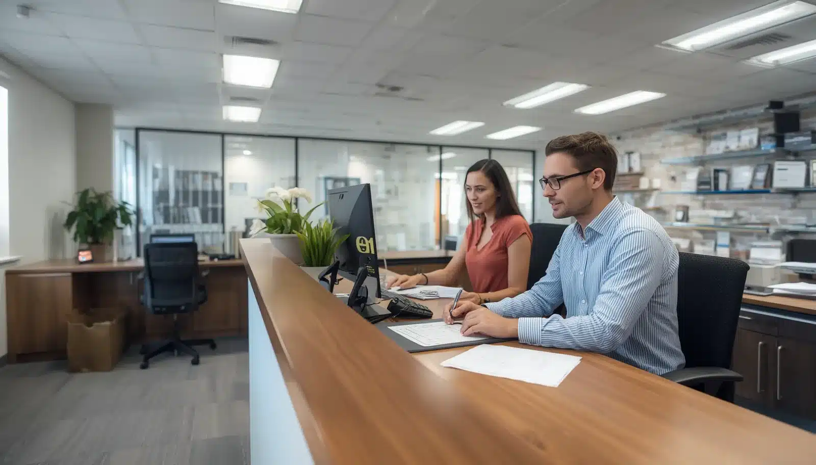 Financial services professionals processing New Hampshire Small Loan Lender ($25,000) Bond - NMLS application documents in a modern lending office.