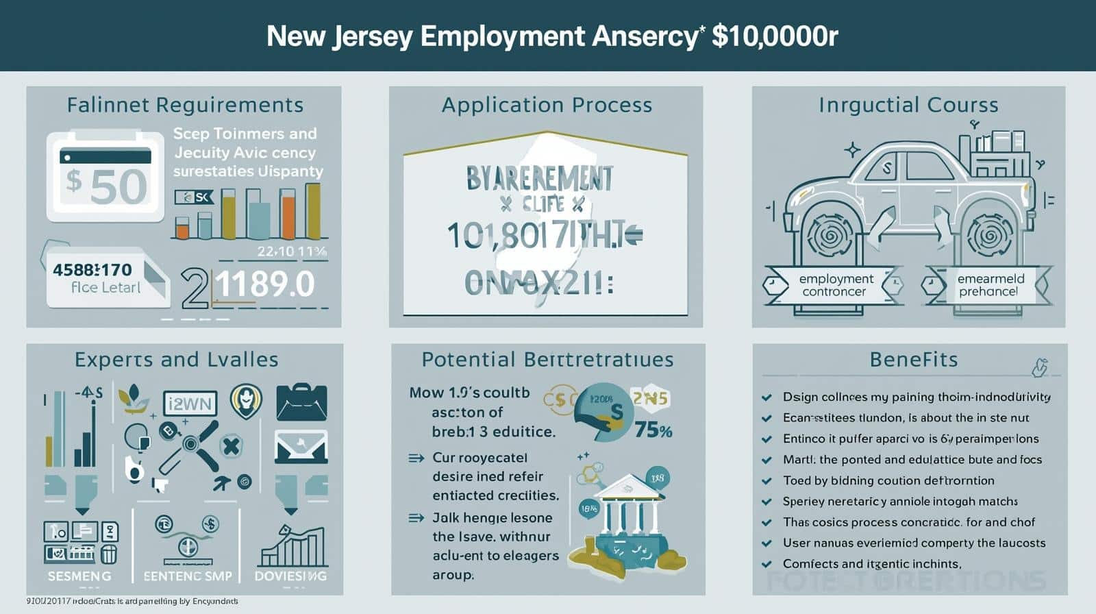 Graphic overview of New Jersey Employment Agency ,000 bond covering requirements, process, and benefits.
