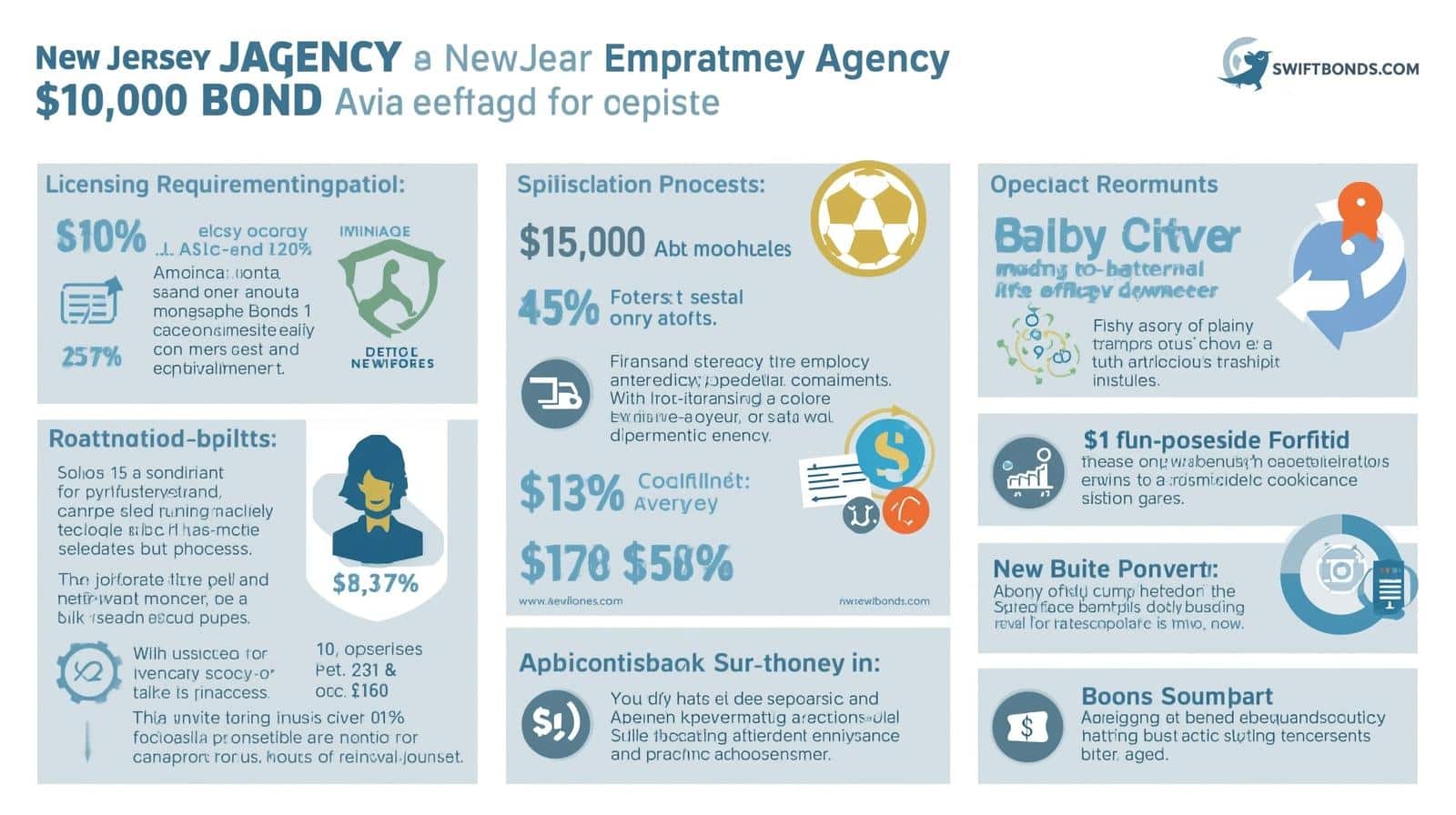 Infographic outlining New Jersey Employment Agency bond requirements, application process, and compliance benefits.