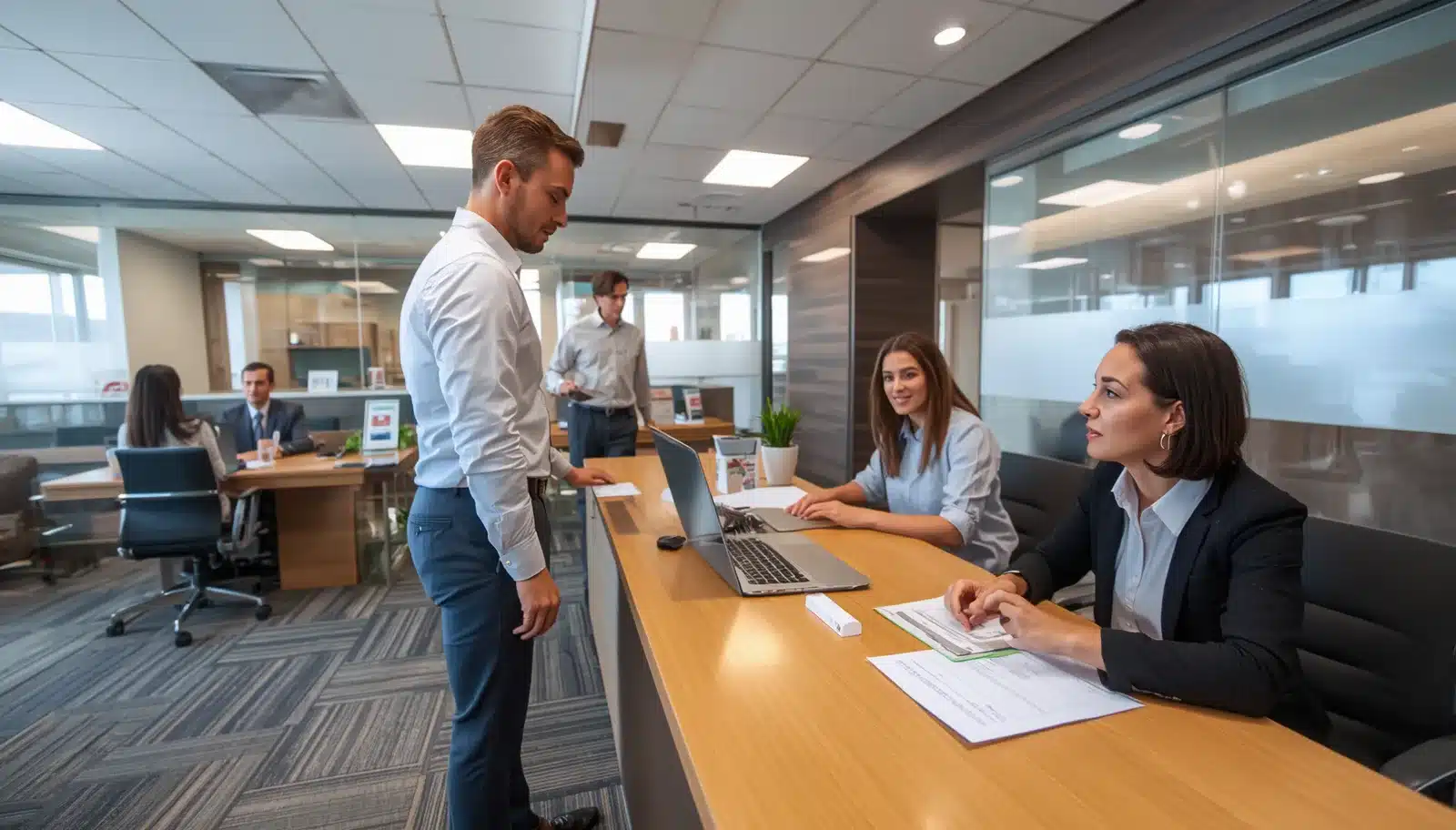 Clients meeting with escrow professionals in a modern office, highlighting services that require a New Mexico Escrow Company Bond for state licensing and consumer protection.