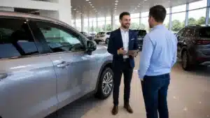 Professional New Mexico motor vehicle dealer reviewing vehicle sales documents with customer at an auto dealership under $30,000 dealer bond requirements