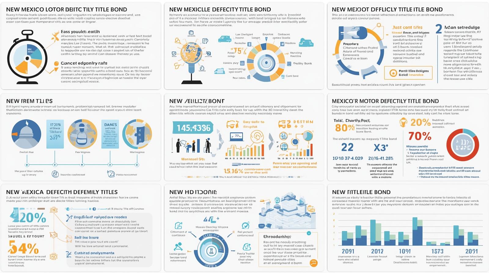 Comprehensive infographic on New Mexico defective title bonds highlighting title processes, state requirements, and statistical charts.
