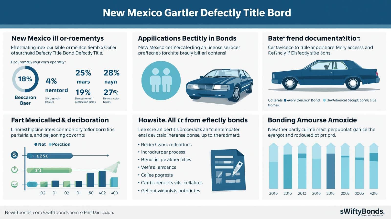 Infographic explaining New Mexico defective title bond requirements, documentation, and bond amounts with charts and illustrations.