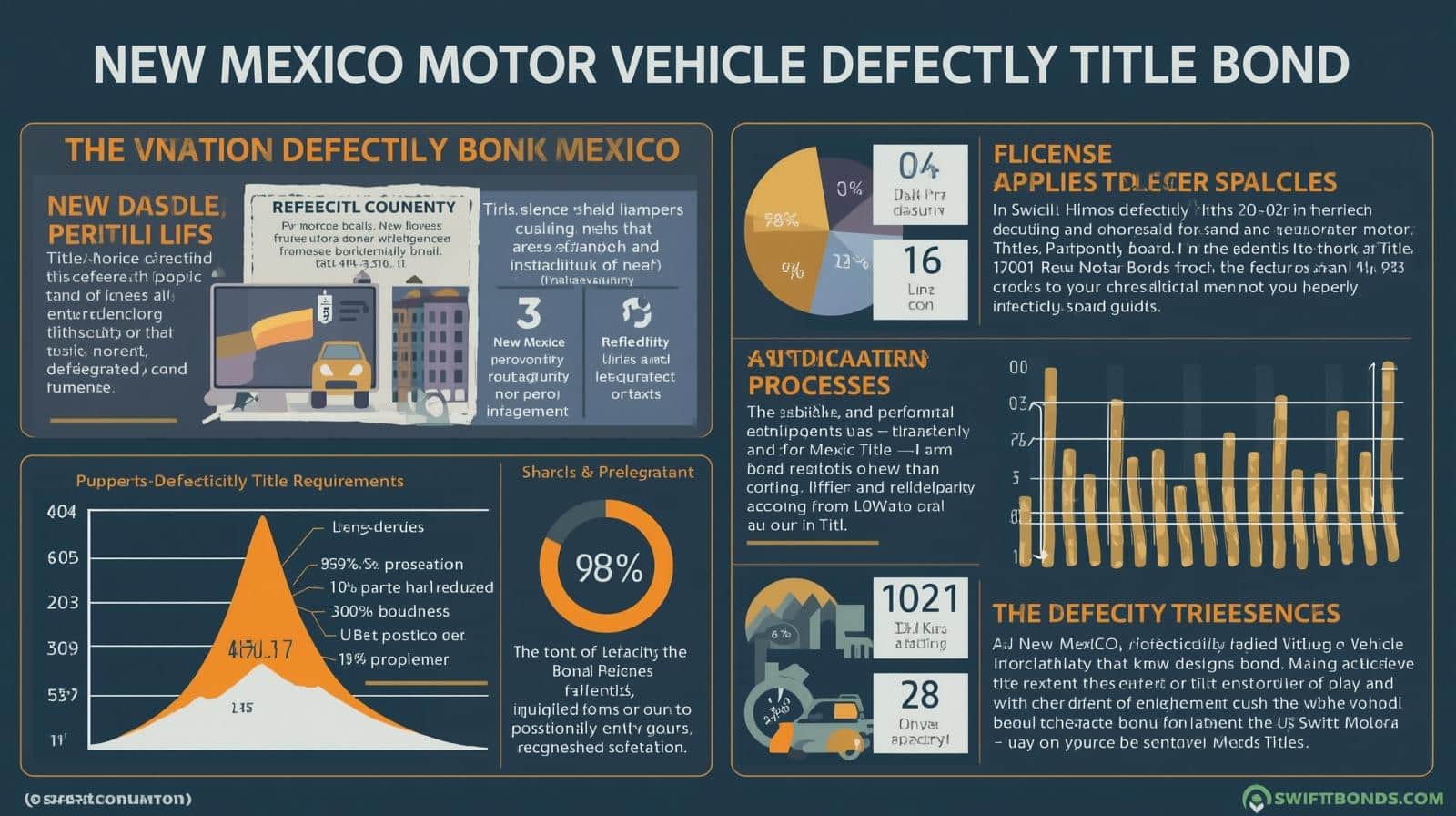 Visual guide detailing New Mexico motor vehicle defective title bond, license applicability, and audit processes with pie and bar charts.