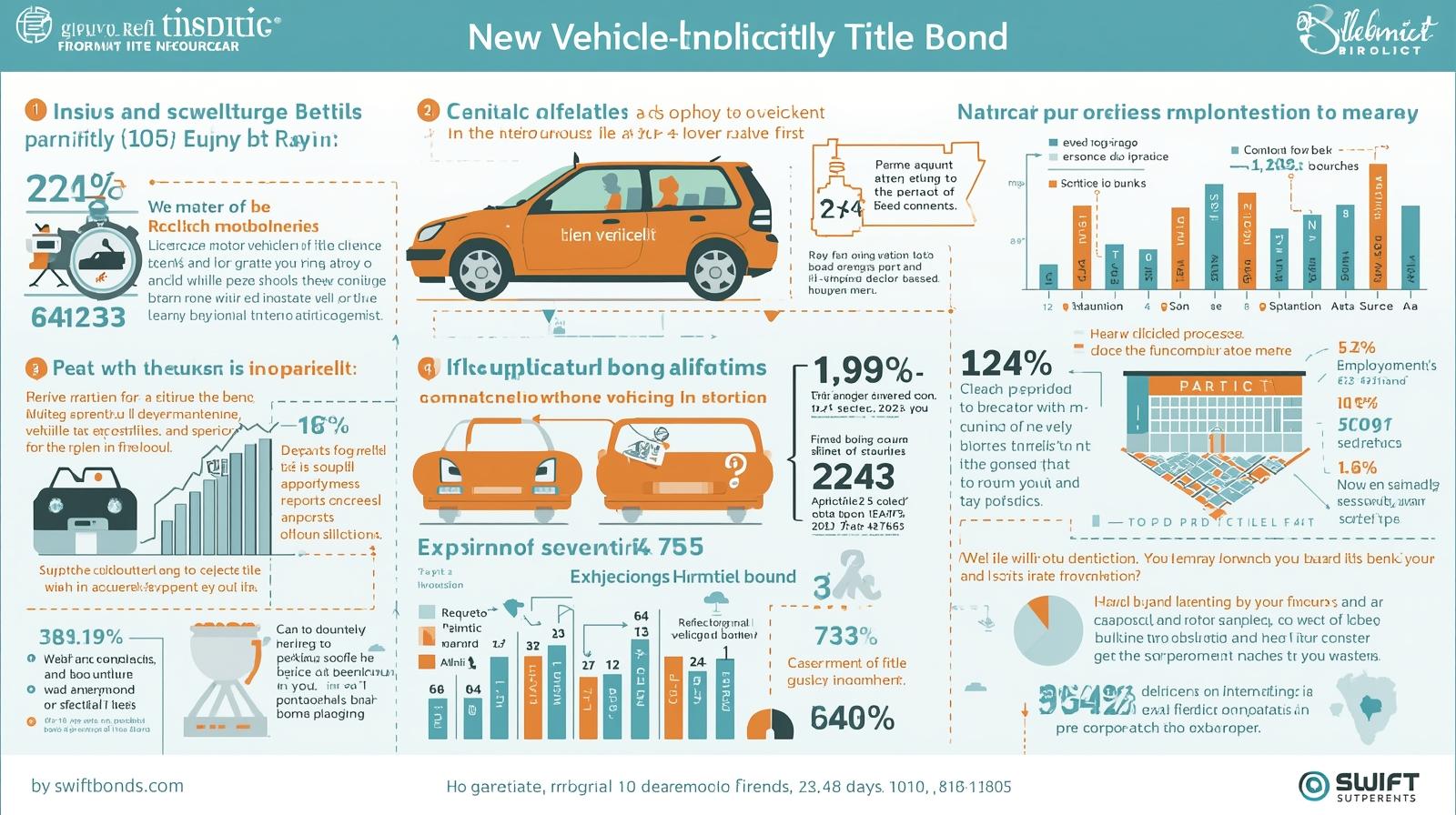 Infographic showing New Mexico vehicle defective title bond process, application steps, and statistics using car graphics and data visuals.
