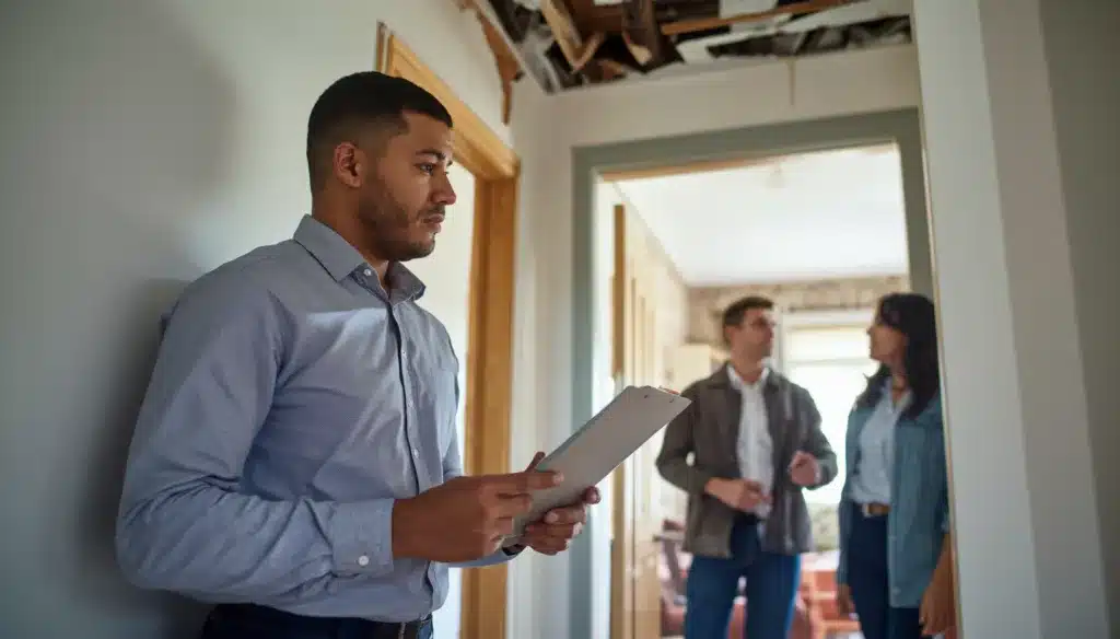 Public insurance adjuster meeting with homeowners while evaluating property damage, showcasing the role of the New Mexico Public Adjuster Bond ($10,000) in ensuring ethical claims handling.