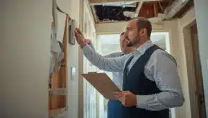 Professional public adjuster documenting property damage for an insurance claim, highlighting the consumer protection provided by the New Mexico Public Adjuster Bond ($10,000).