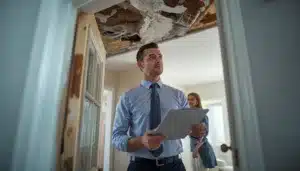 Licensed public adjuster assessing ceiling and structural damage during an insurance claim inspection, representing compliance with the New Mexico Public Adjuster Bond ($10,000).