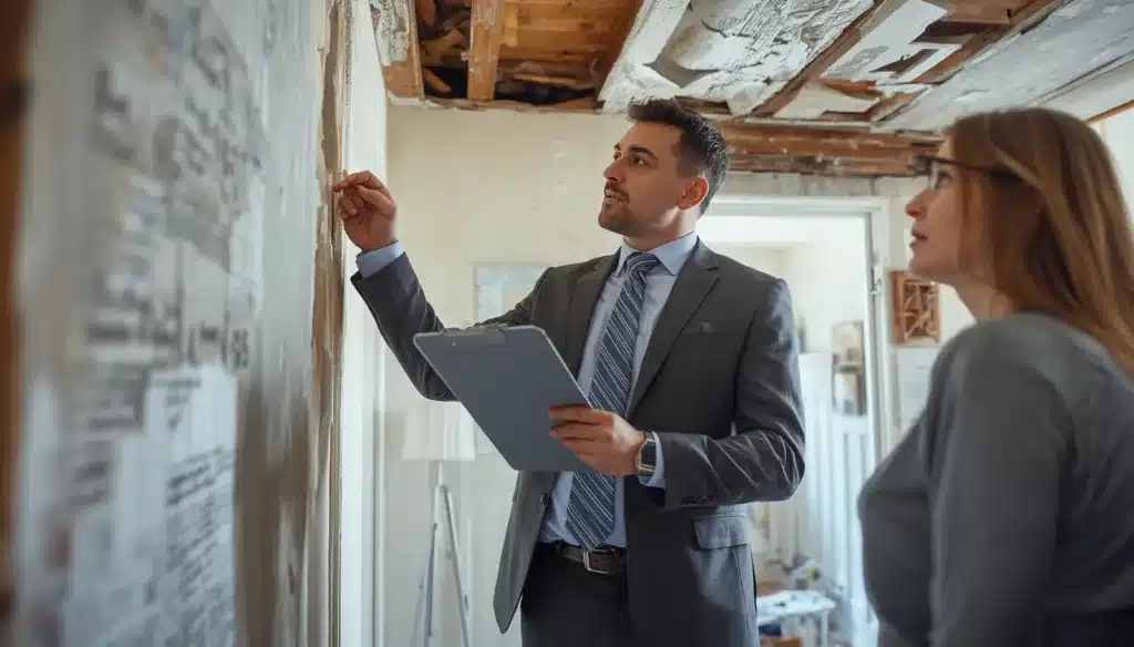 Public insurance adjuster inspecting residential property damage with a clipboard, illustrating the services covered under the New Mexico Public Adjuster Bond ($10,000).