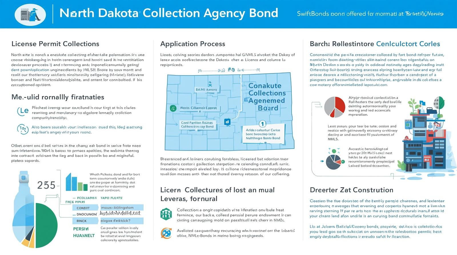 Overview infographic on North Dakota Collection Agency Bond licensing, application, and compliance.