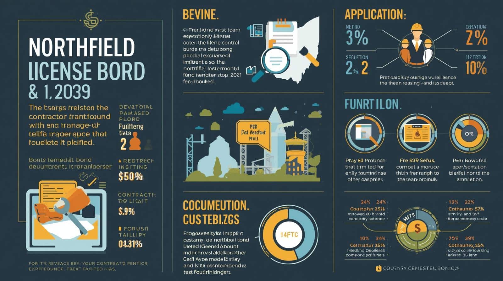 Infographic outlining Northfield contractor license bond process with Ohio state map, application requirements, and bond figures.