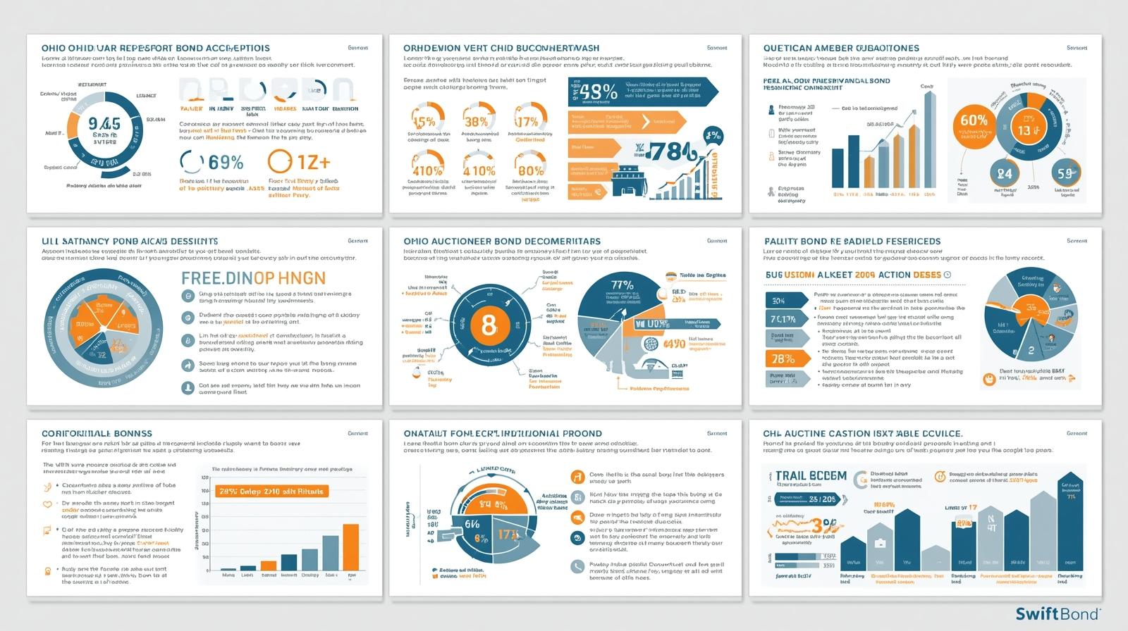 Infographic showing statistics, benefits, and compliance details of the Ohio Auctioneer Bond requirements.